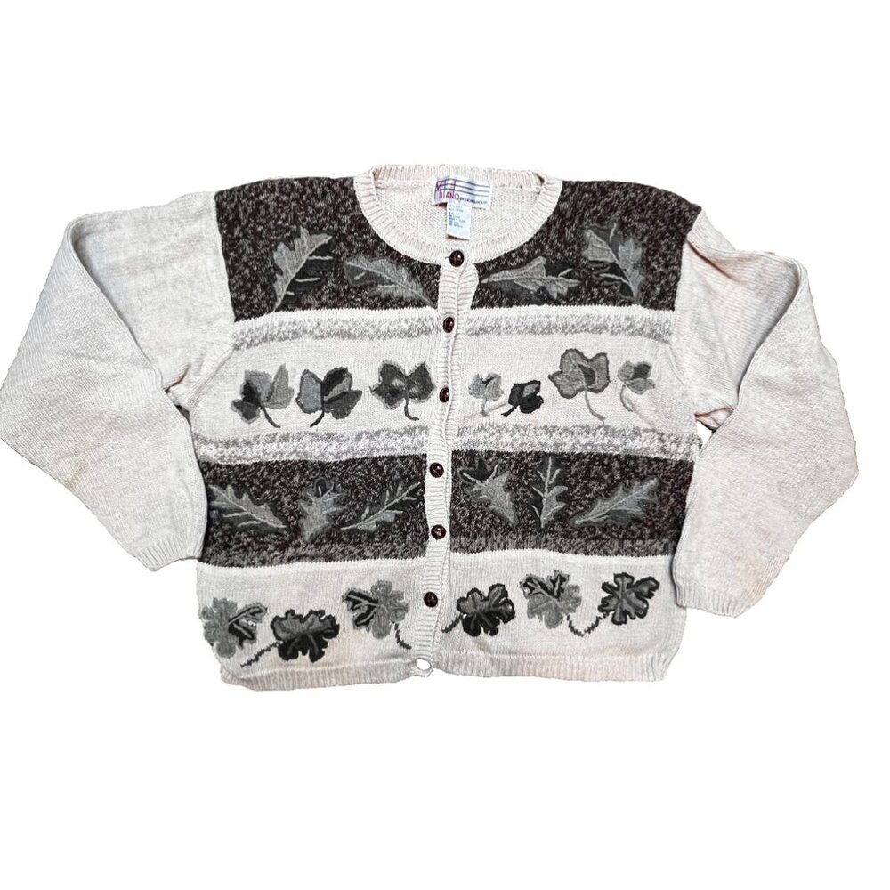 VTG Grandma Fall Leaf Knit Brown Cardigan Leaves Grannycore SZ L Sweater 80s